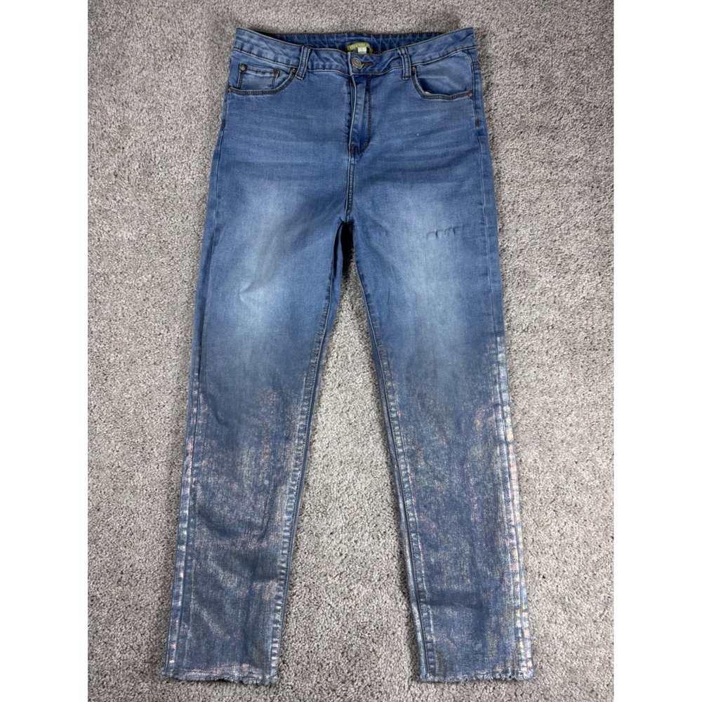 Gianni Bini‎ Women's Jeans Size L Blue Wash Metallic Accents High Rise (READ)